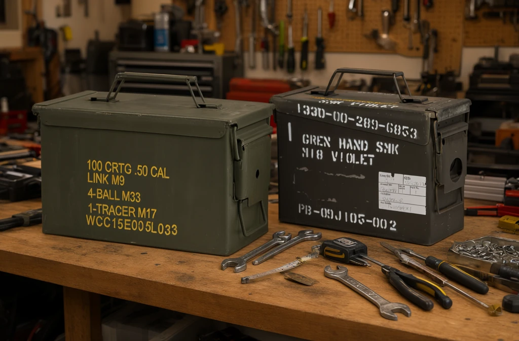 Stacks of olive drab steel ammo cans on pallets in the Sturm USA warehouse, with 30 cal and 50 cal cans in front and larger 40MM and 81MM cans behind.